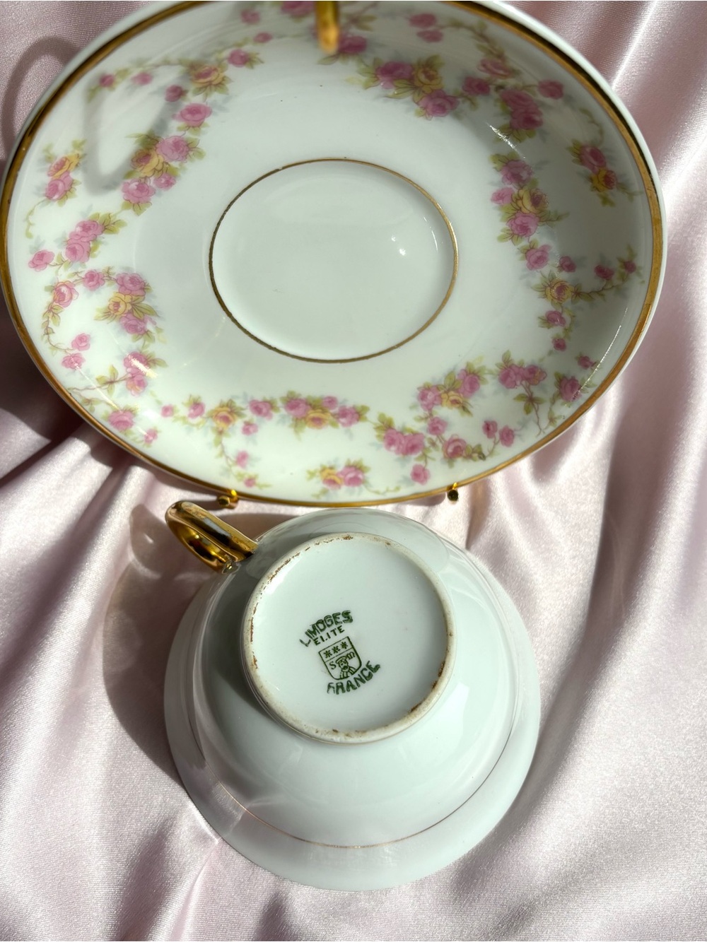 Antique Limoges Tea Cup & Saucer in White with Pink Rose Garland and Gold Trim - Picture 7 of 7